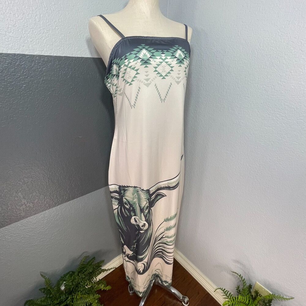 NWT Lucky & Blessed Cowgirl Slip Dress XL Cream Green Bull Aztec Western Maxi